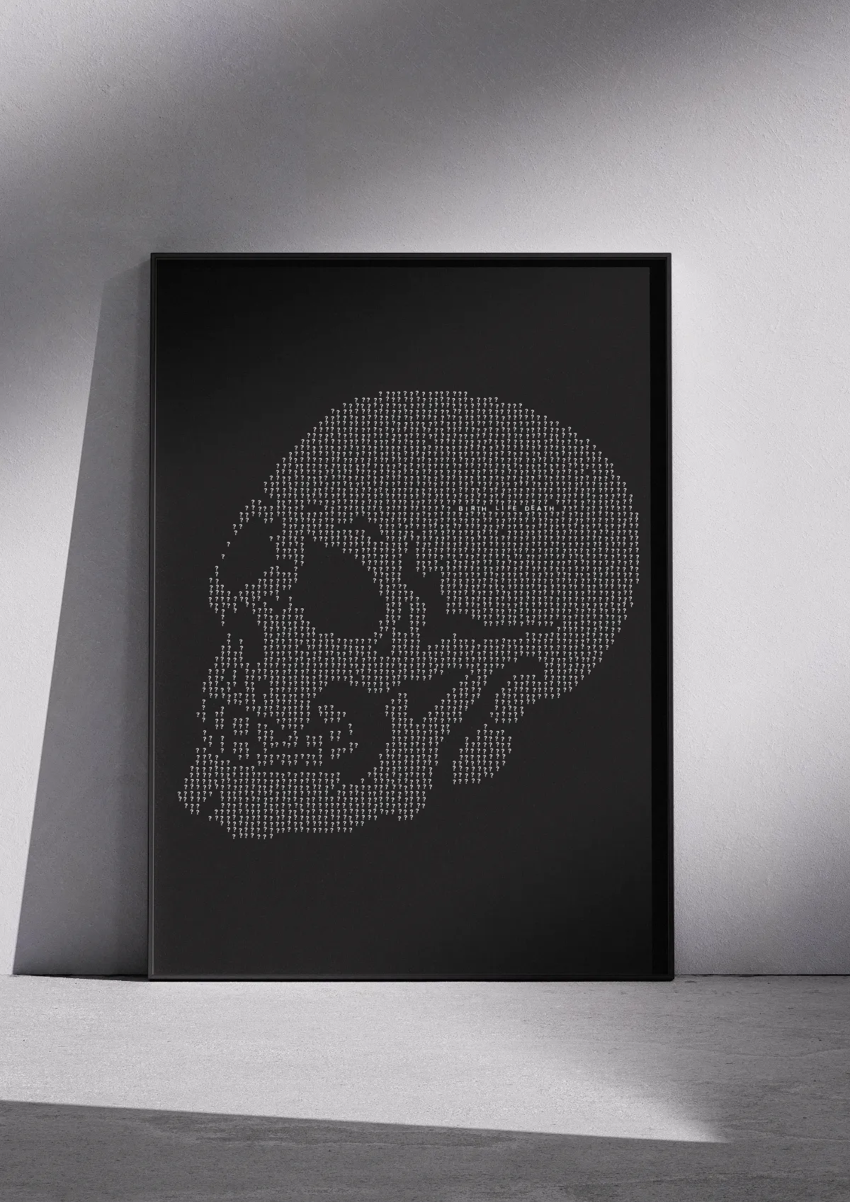 Typographic poster "Uneasy Thoughts", white on off black, framed on a wall. A skull built from question marks.