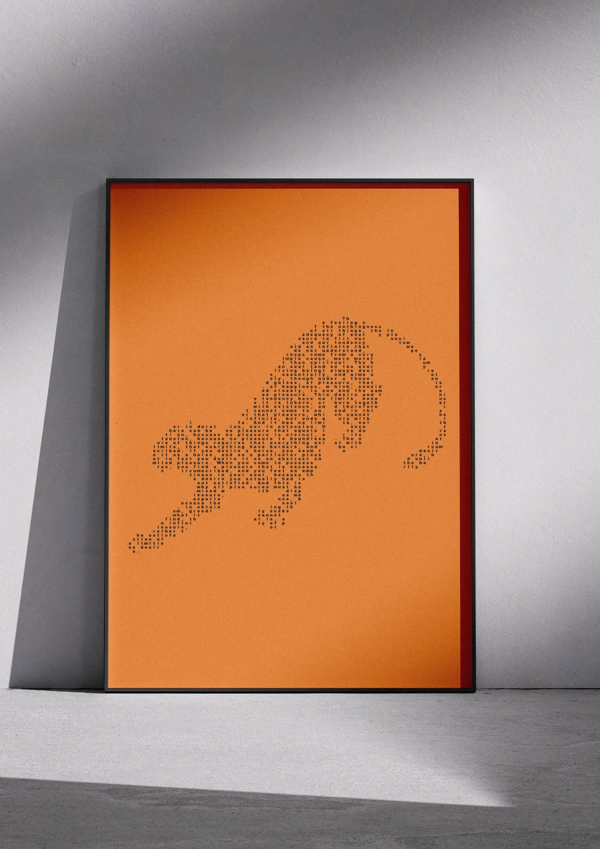 Typographic poster "Theory of Pleasure", black on orange, framed on a wall. A galloping horse. The words are Giacomo Leopardi's, from the Zibaldone, 1820.